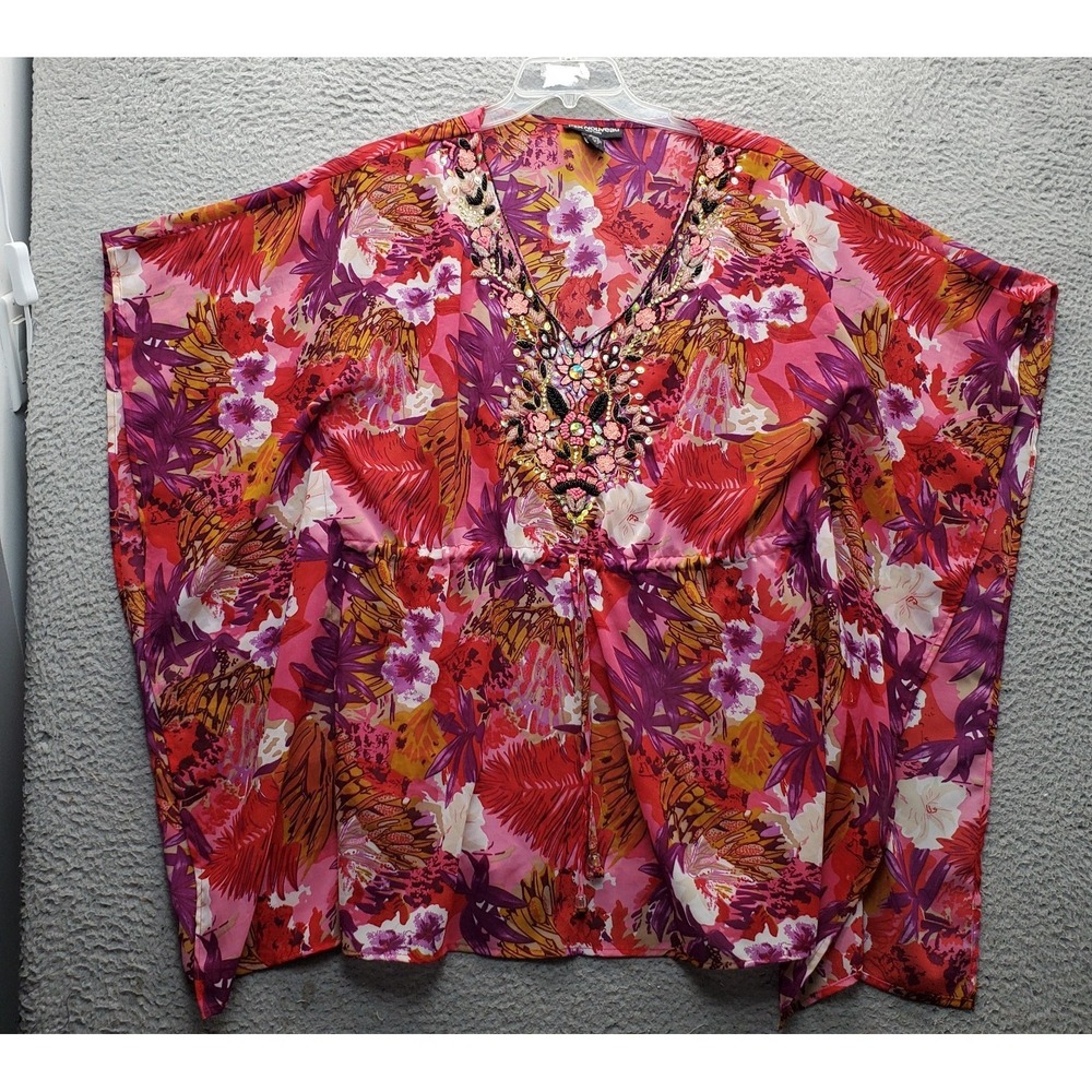 Mix Nouveau Kaftan Cover-Up Top Womens M Multi Floral Sequin Beaded Embellished